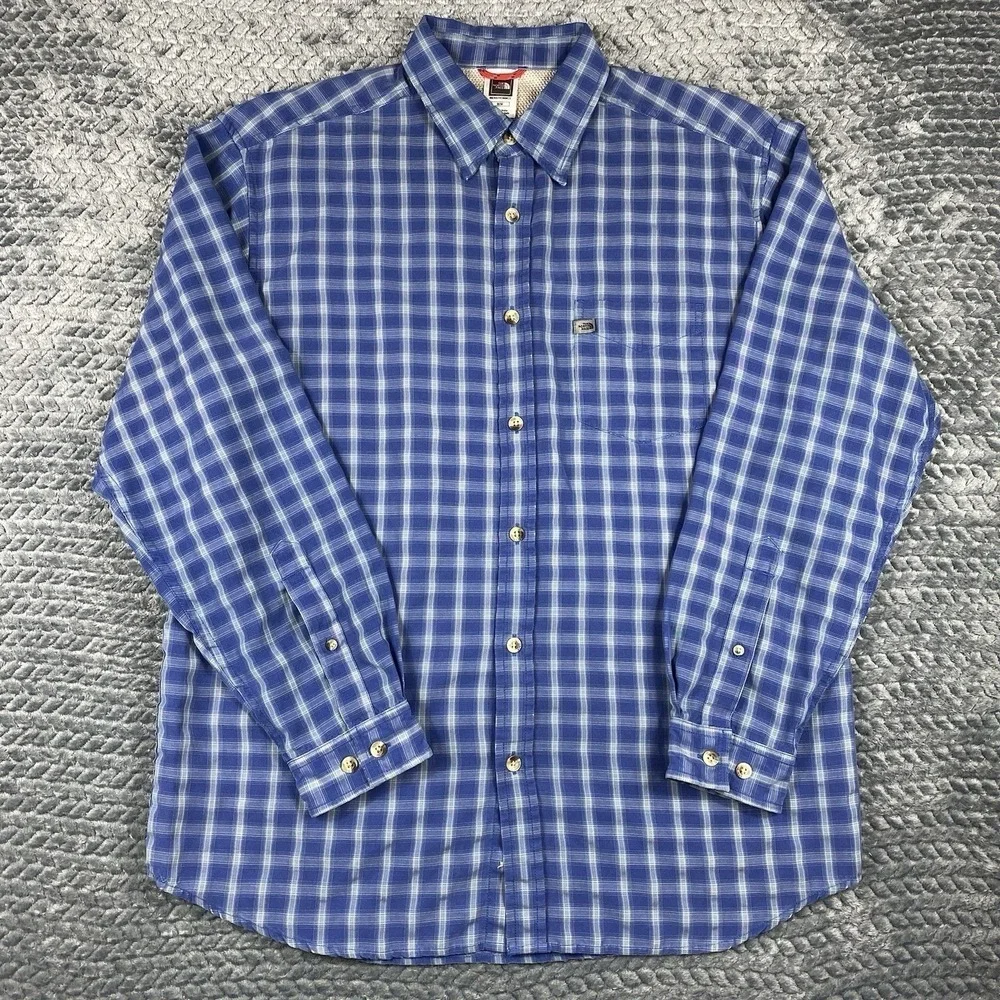 The North Face Shirt Mens M Blue Plaid Long Sleeve Button Up Vented Hiking